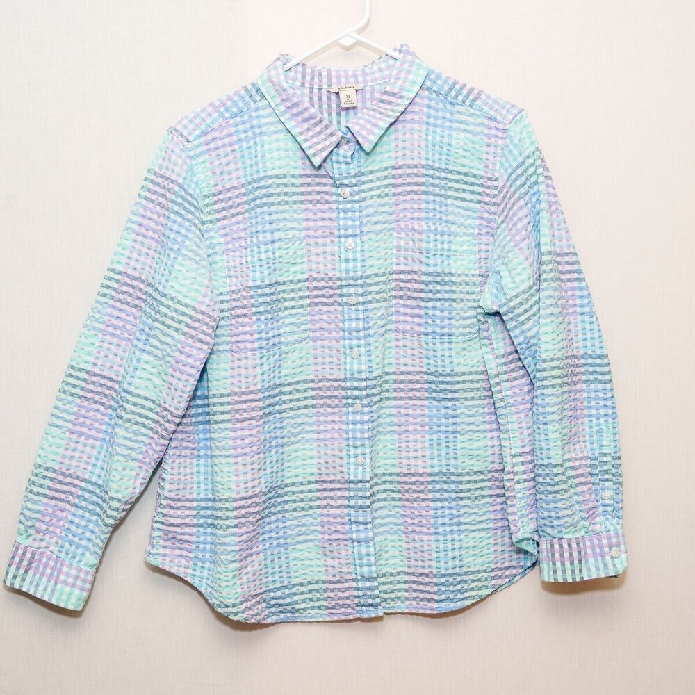 LL Bean Top Women XL PETITE Blue Purple Plaid Button up Long Sleeve preppy